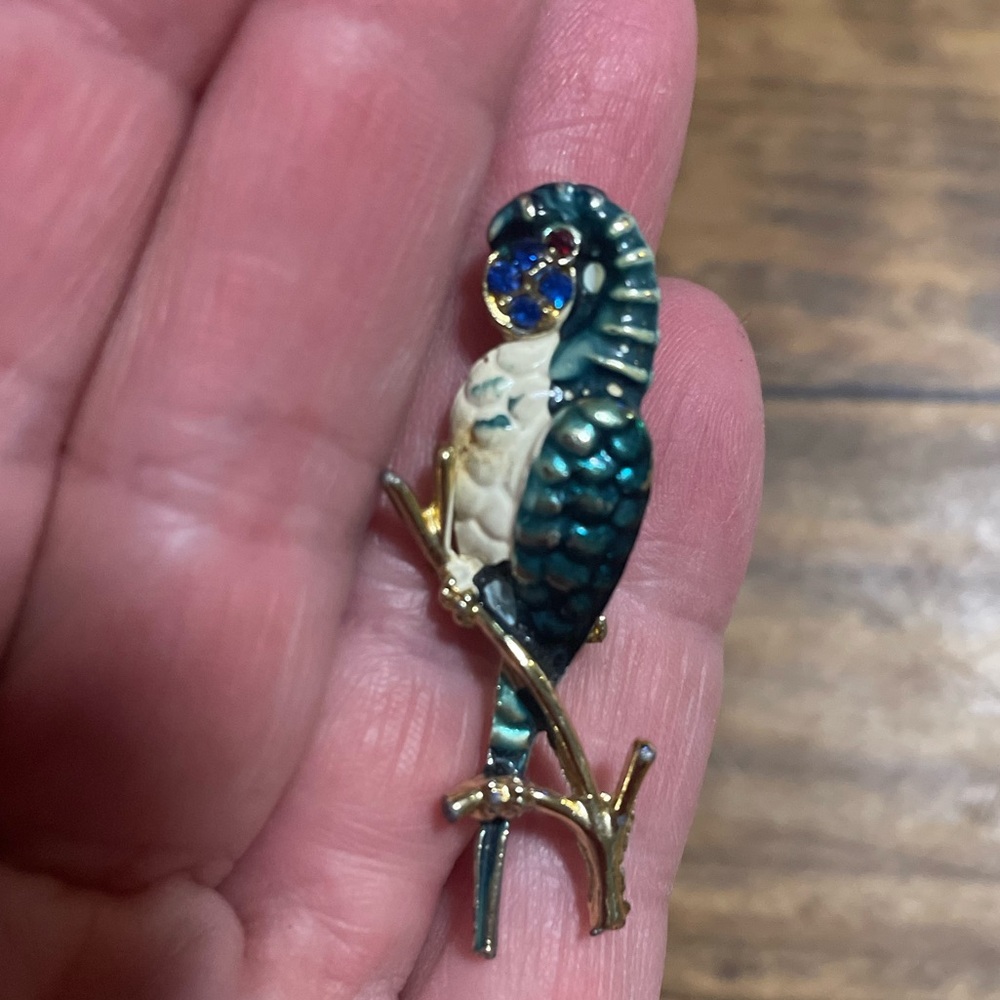 Vintage Blue Enameled Colorful Parrot Brooch w Rhinestones on Gold-Tone Branch